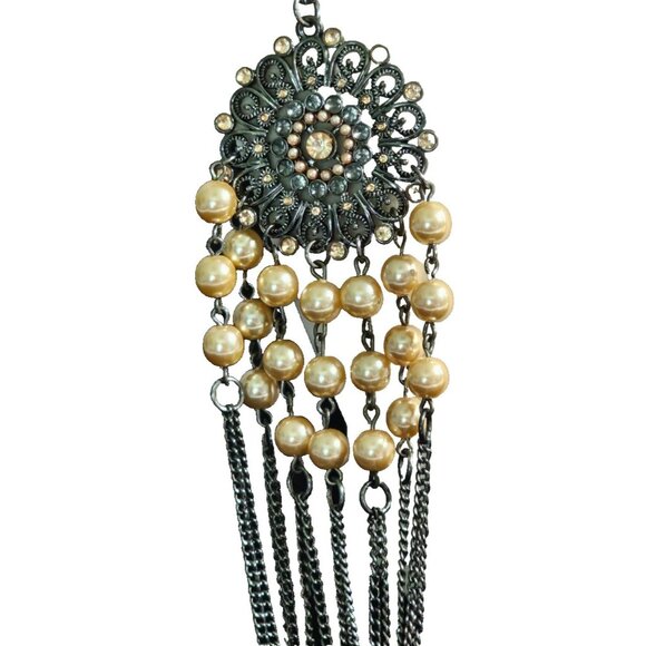 Statement Multi-Strand Necklace Silver Tone Faux Pearl Fringe Boho Style - Picture 2 of 6
